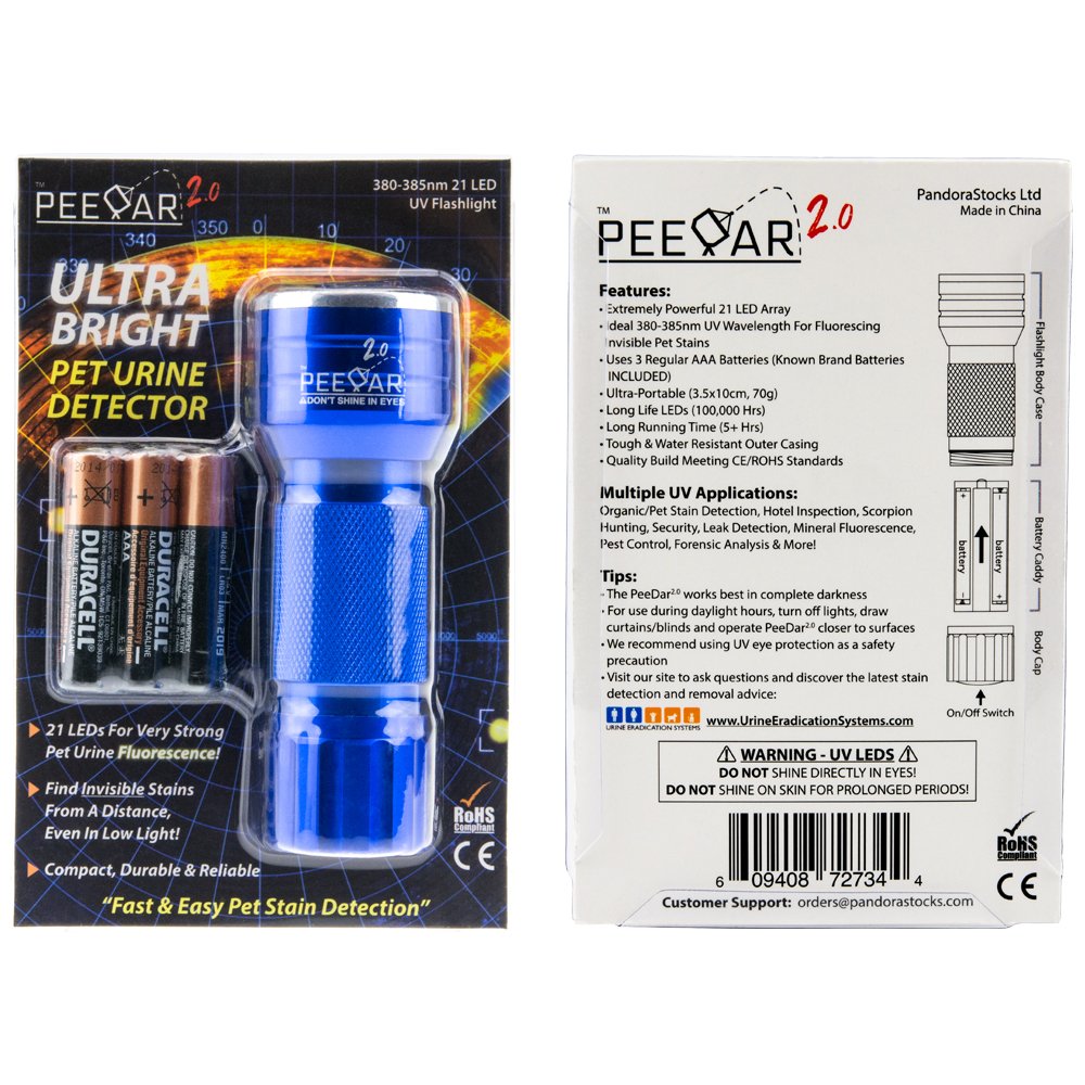 PeeDar 2.0 UV Pet Urine Detector Black Light LED Flashlight + Cat & Dog Behavior Guide. Ultra Bright Optimal 380-385NM Wavelength Finds Invisible Stains Instantly! Stop Pet Pee Issues Forever