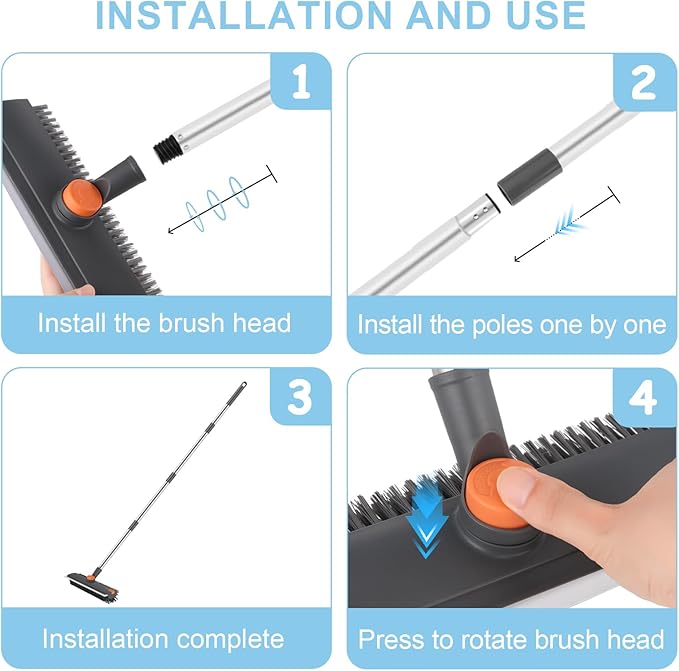 Floor Scrub V Brush with Long Handle 4 in 1 Silicone Scrape and Stiff Bristle