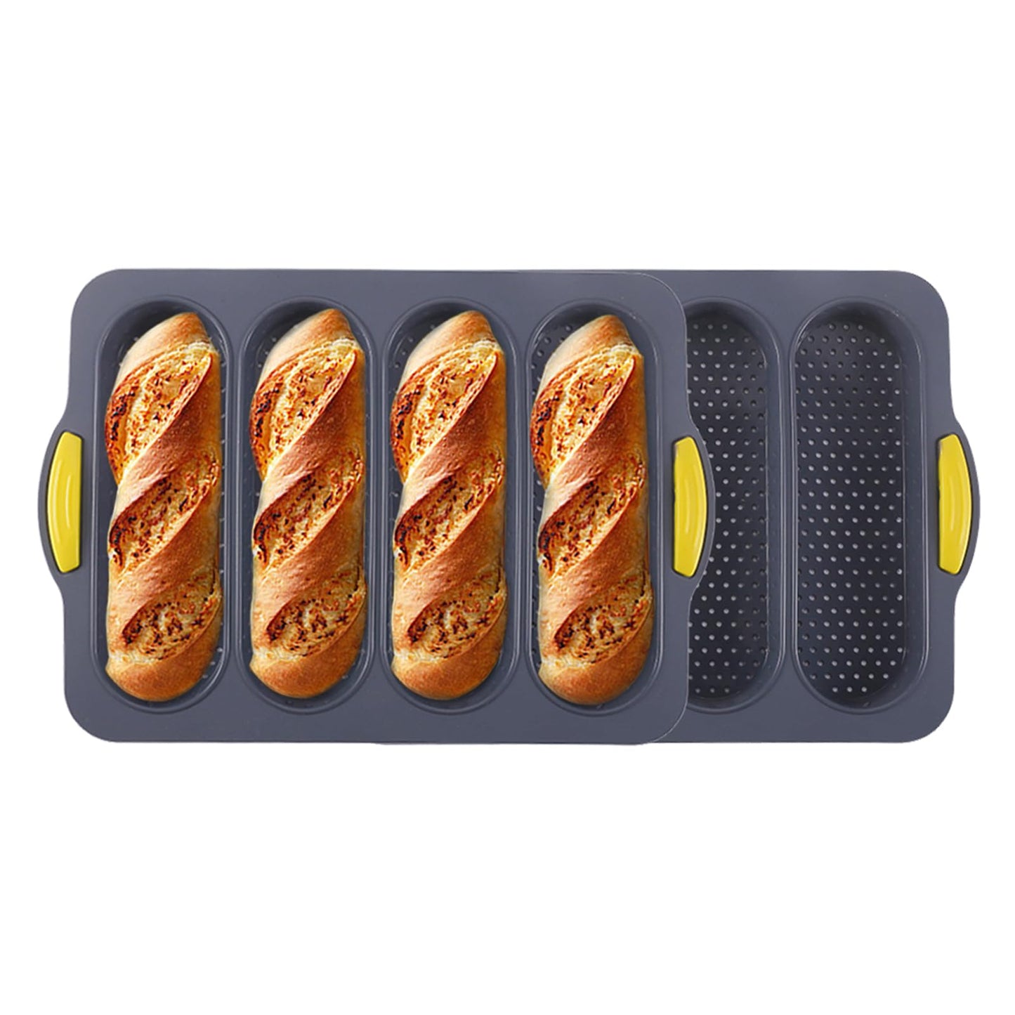 atrccs 4-cavity Silicone Bread Loaf Pan, Nonstick Sourdough Loaf Pan & Heat Resistant Baguette Bread Pan, Bread Pans for Homemade Bread, Silicone Molds for Baking Hoagie Rolls, Hot Dog Buns