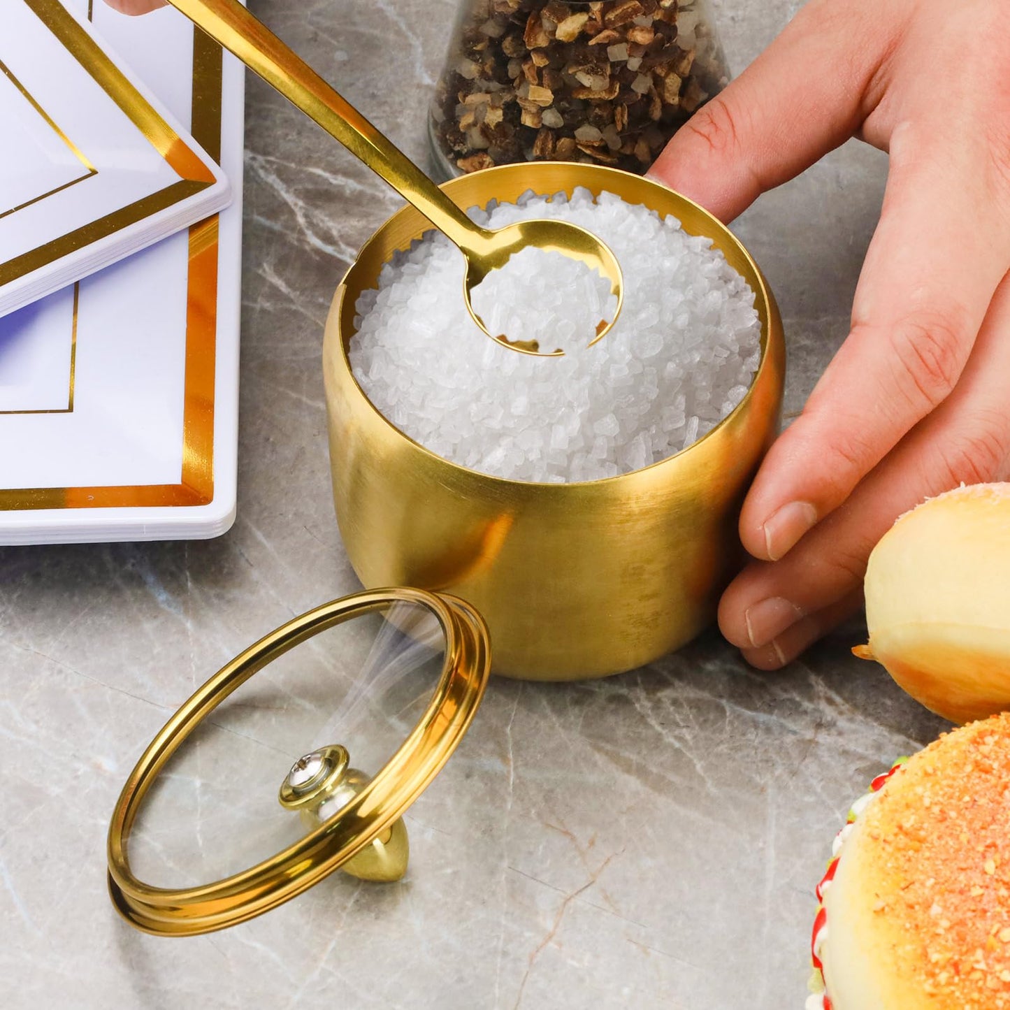 2 Pieces Stainless Steel Sugar Bowl with Lid and Spoon, 8.45 Oz/250 ML Sugar Container for Coffee Bar, Salt Bowls for Countertop Kitchen Storage Pepper Seasoning Coffee Bean Candy Spices, (Gold)