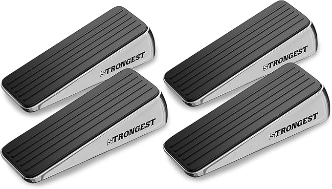 STRONGEST HOME Stoppers for Bottom of Door – Heavy Duty Metal Rubber Door Stopper, Non-Slip Door Stop for Heavy Doors, Works on Wood, Tile & Carpet Floors Wedge Chrome 4 PCs + 4 White Wall Protectors