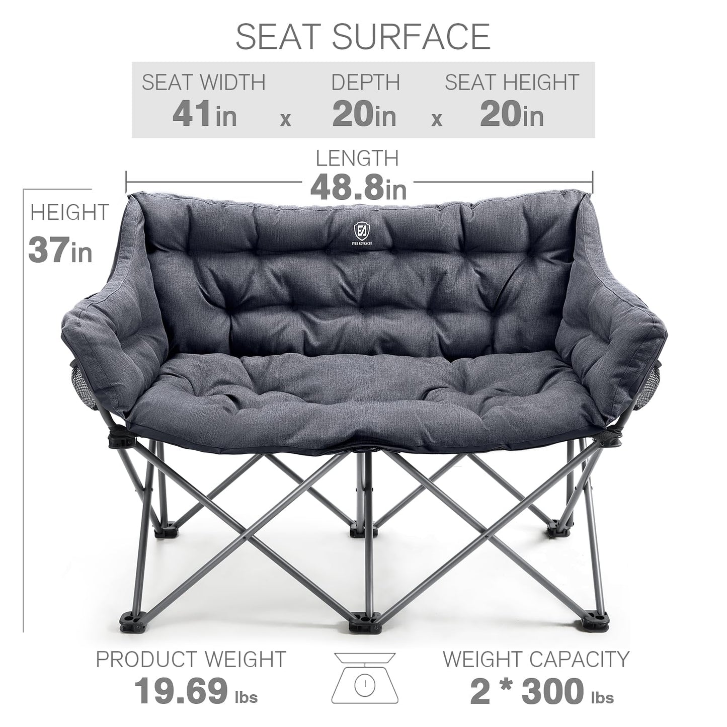 EVER ADVANCED Double Camping Chair for Adults, Padded Folding Camping Love Seat Bench with Side Pocket Portable Camping Couch, Two Person Heavy Duty Folding Outdoor Chair with Cushion,Support 600lbs