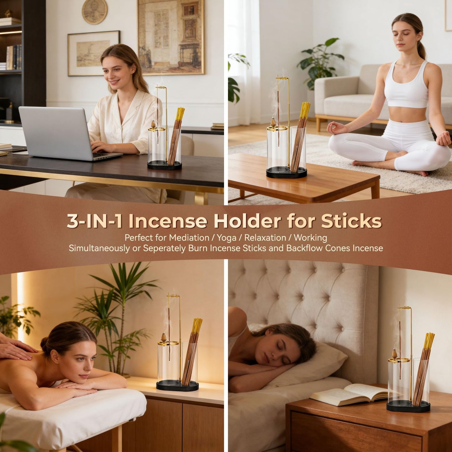 3 in 1 Incense Holder for Sticks Upside Down Anti-Ash Incense Burner with Glass Ash Catcher Backflow Cone Incense Diffuser with Adjustable Threaded Mounting for Mediation Yoga Spa Gifts Home Decor