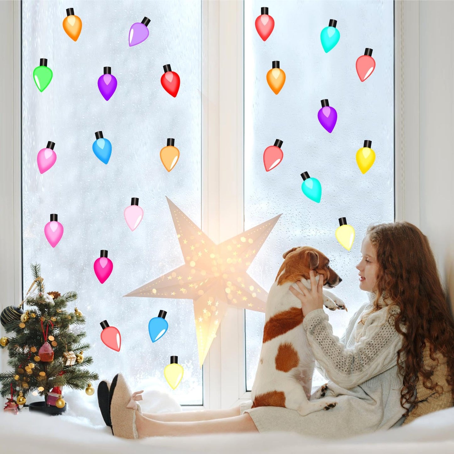 Christmas Light Window Decals Clings Double Sided Colorful Lights Wall Stickers Merry Christmas Window Wall Stickers Holiday Xmas Bright Windows Decals Holiday Light Bulb Windows Decorations