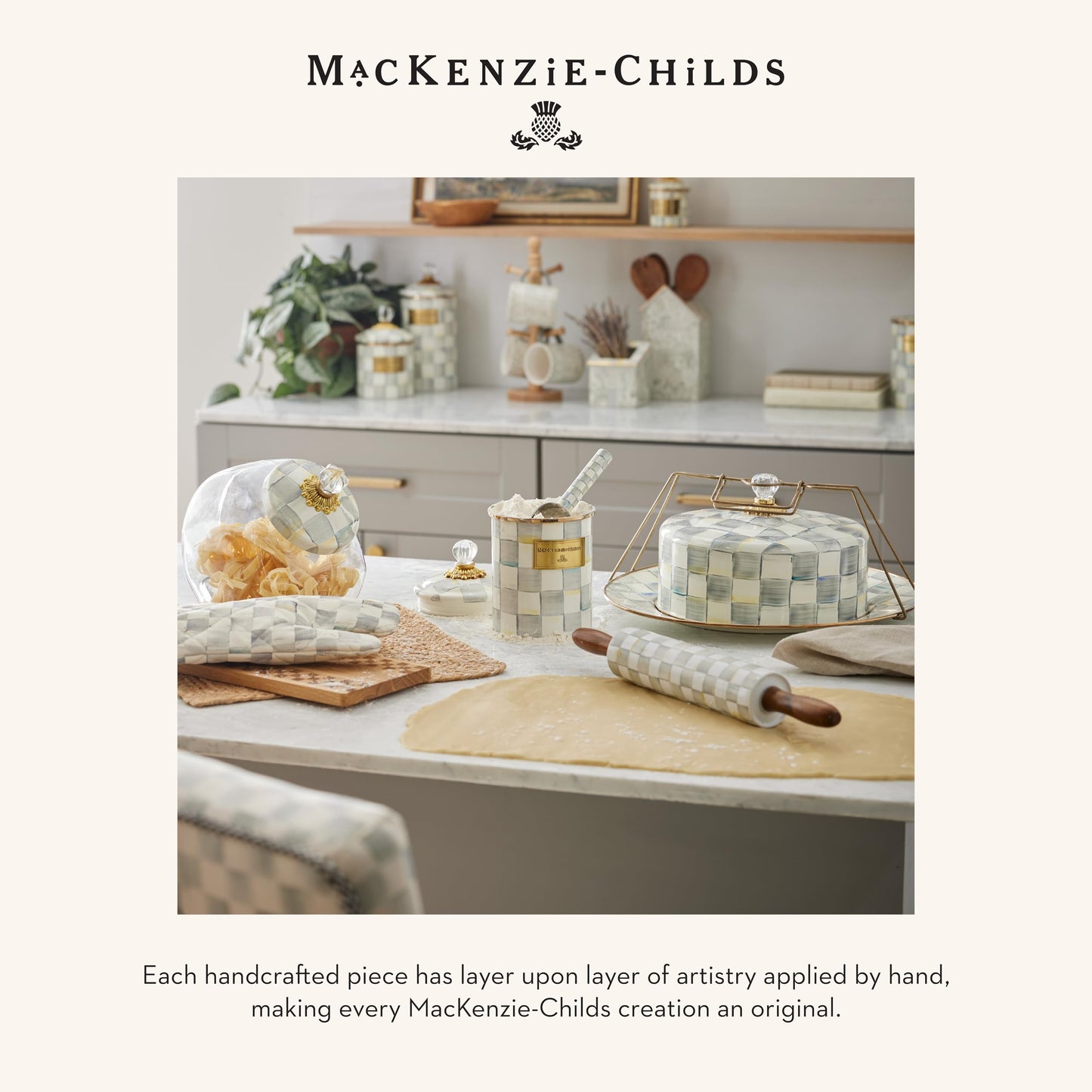 MACKENZIE-CHILDS Enamel Salt and Pepper Shakers, Farmhouse Kitchen Decor and Accessories, Small, Gray-and-White Sterling Check