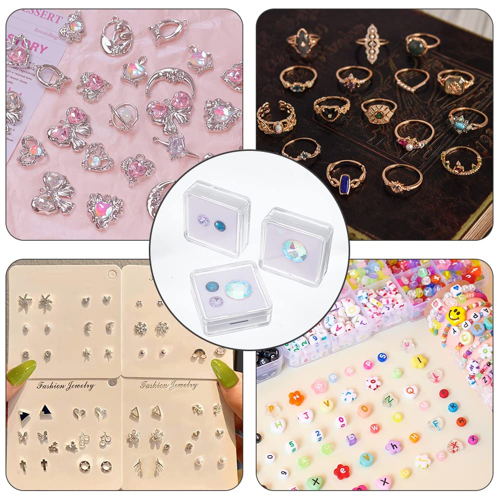 NBEADS 12 Pcs Gemstone Display Box, 1.6x1.6x0.6 Transparent Polystyrene Square Jewelry Display Container Diamond Storage Box with Clear Top Lids and White Sponge for Bare Stone Diamond