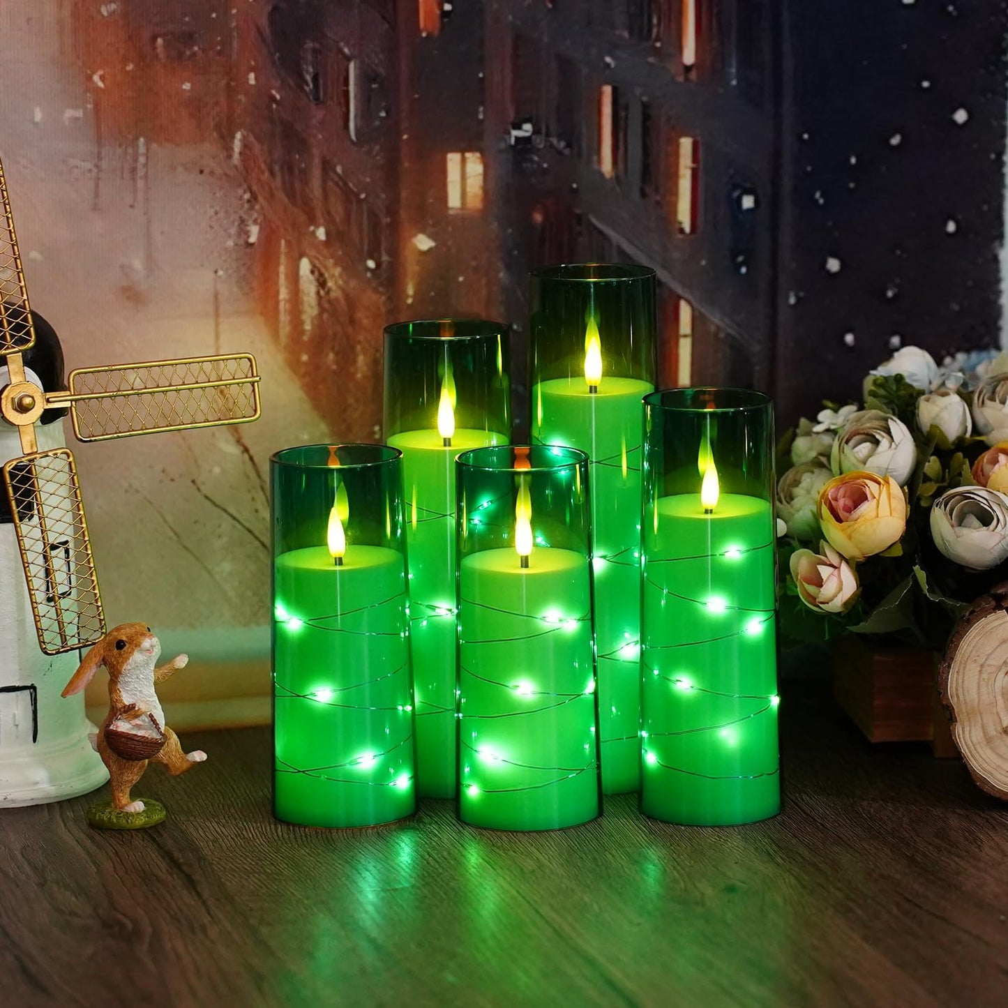 kakoya Flameless LED Candles with Timer 5 Pc Flickering Flameless Candles for Romantic Ambiance and Home Decoration Stable Acrylic Shell,with Embedded Star String,Battery Operated Candles(Green)