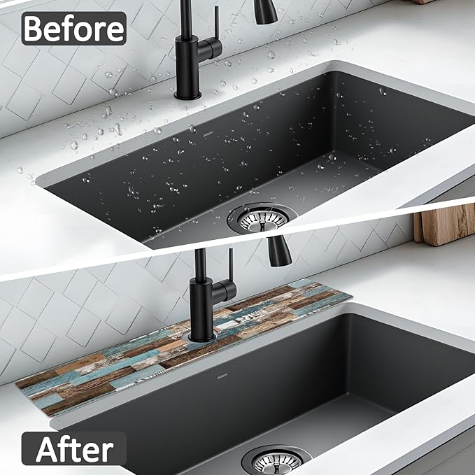 2PCS 24" X 5.5" Kitchen Sink Splash Guard Faucet Mat Wood Grain Super Absorbent