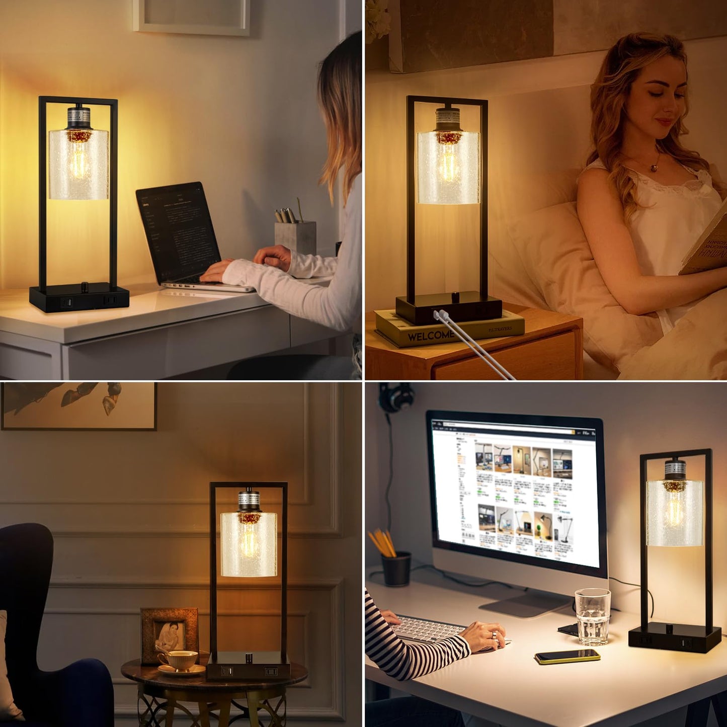 16" Desk Lamps for Home Office, Bedside Lamps with USB C+A Ports and Outlet, Black Fully Stepless Dimmable Industrial Table Lamps with Seeded Glass Shade for Reading Living Room, LED Bulbs Included