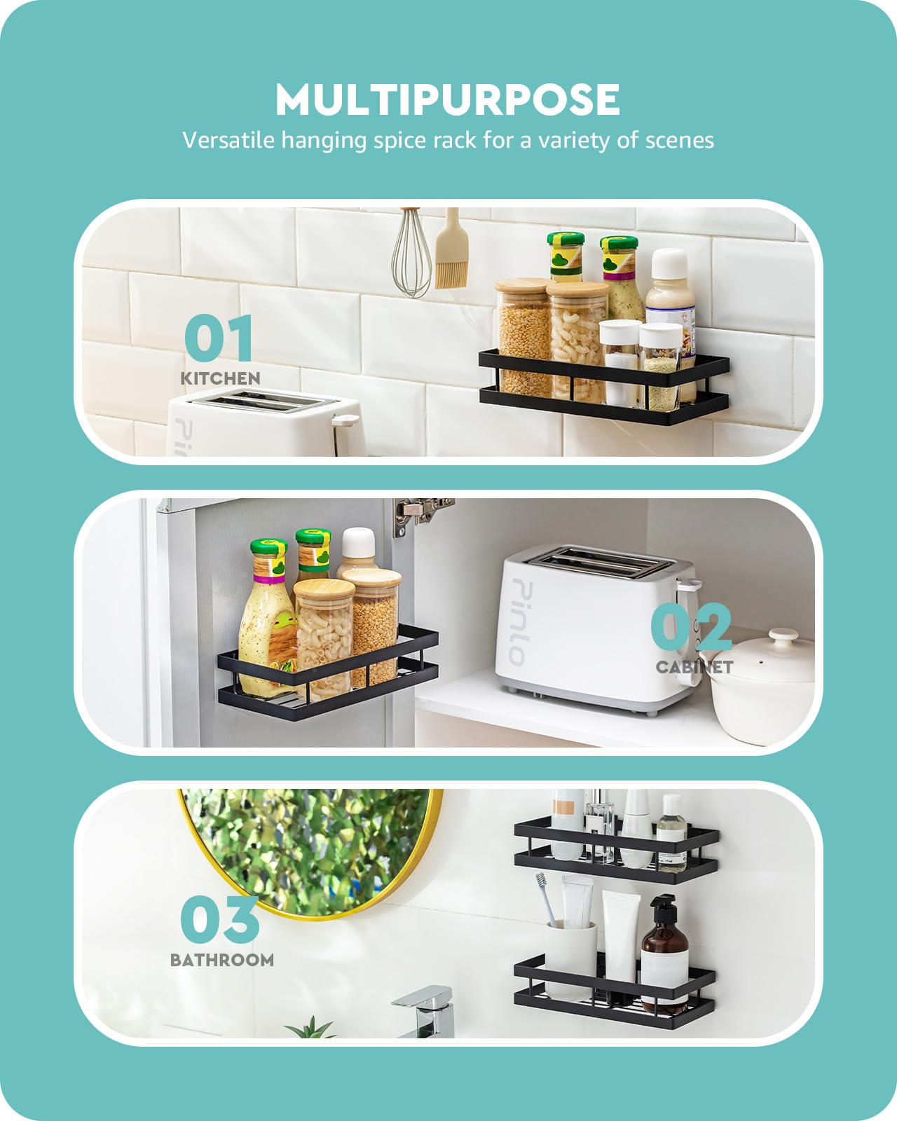 Baffect Metal Spice Rack Wall Mount Floating Shelves 2 Pack Black Storage organizer for Cabinet Door Pantry Kitchen Bathroom Supplies (9.8inches length)