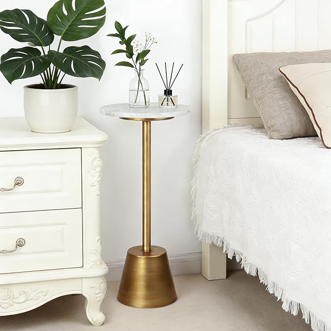 White Marble Pedestal Side Table, Round Accent End Table