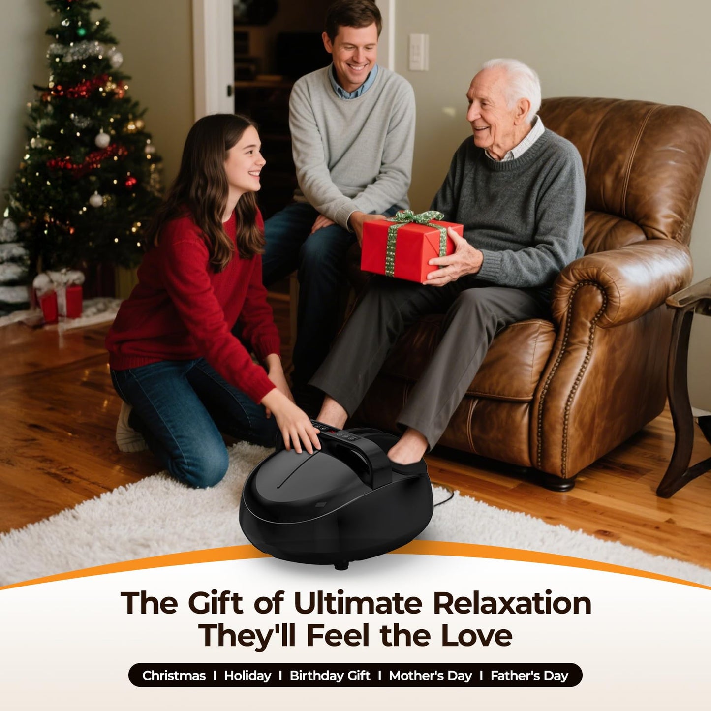 HTM Foot Massager with Heat, 5 Modes & 9-Level Intensity & 3-Speed Vibration, Shiatsu Kneading & Rolling Compression, with Remote & Portable Handle, Fits Up to Men's Size 13, Gift for Women Men