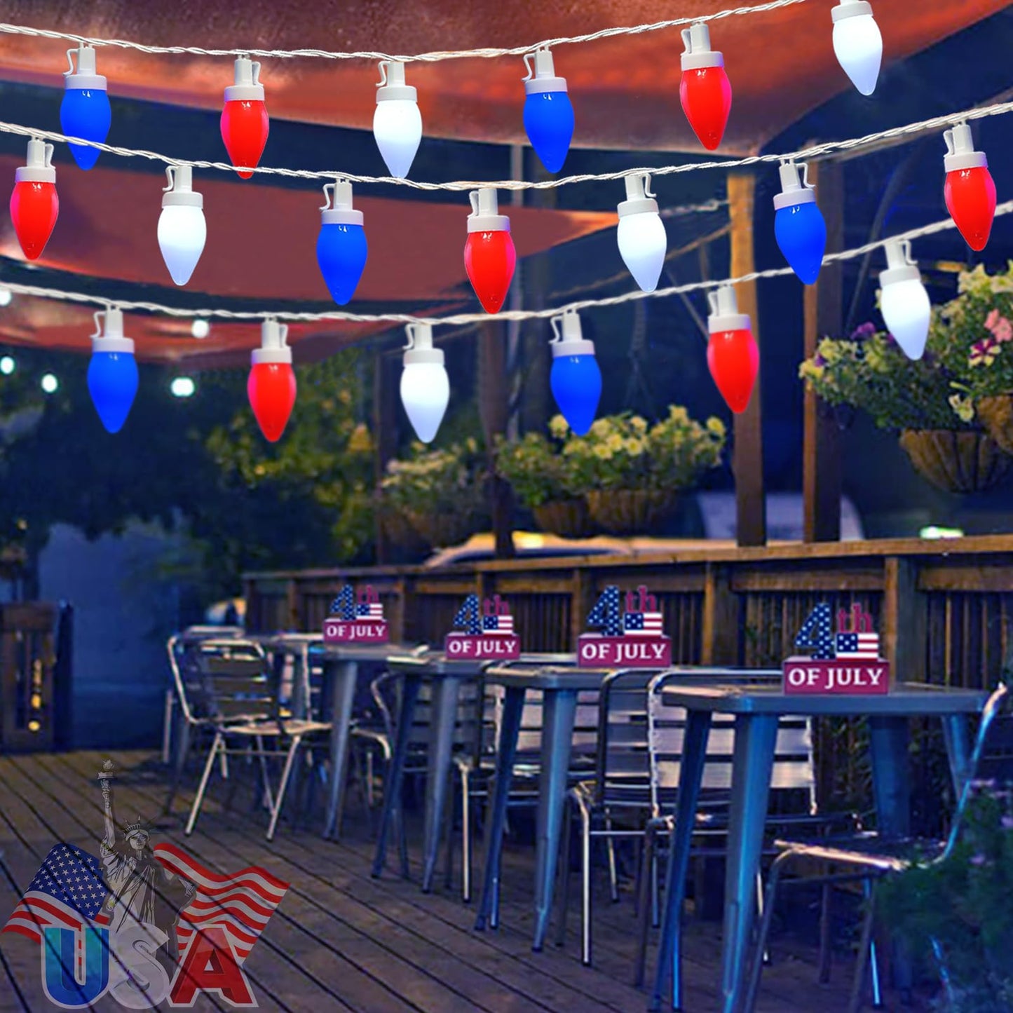 Fonusty Red White and Blue Lights 25Ft C7 LED Christmas Light with 25 Shatterproof 4th of July Decorations String Lights, Plug in Patriotic Light for Outdoor Indoor July 4th Party Decor