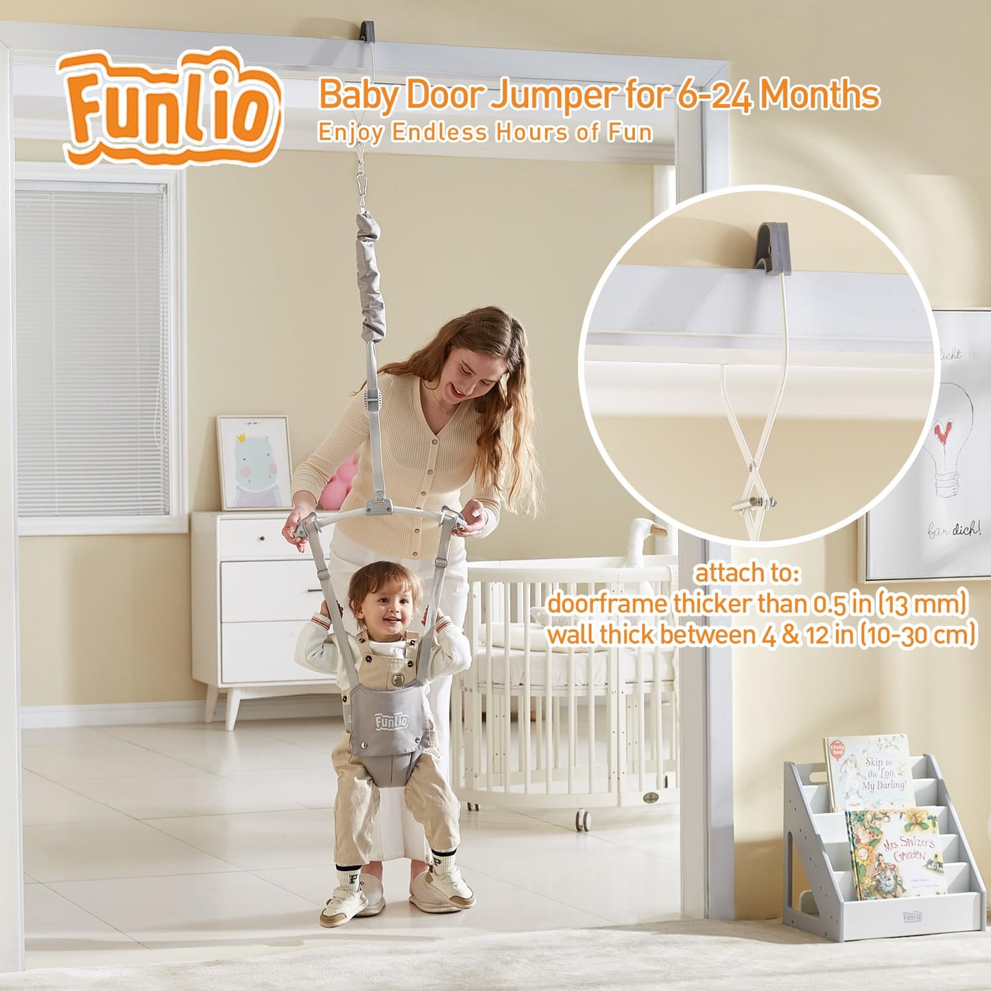 FUNLIO Baby Door Bouncer for 6-24 Months (with Door Clamp), Baby Jumper Doorway with Strong Spring/Adjustable Strap, Easy to Assemble&Store, Bearing 18kg, CE CPC Certified - Grey