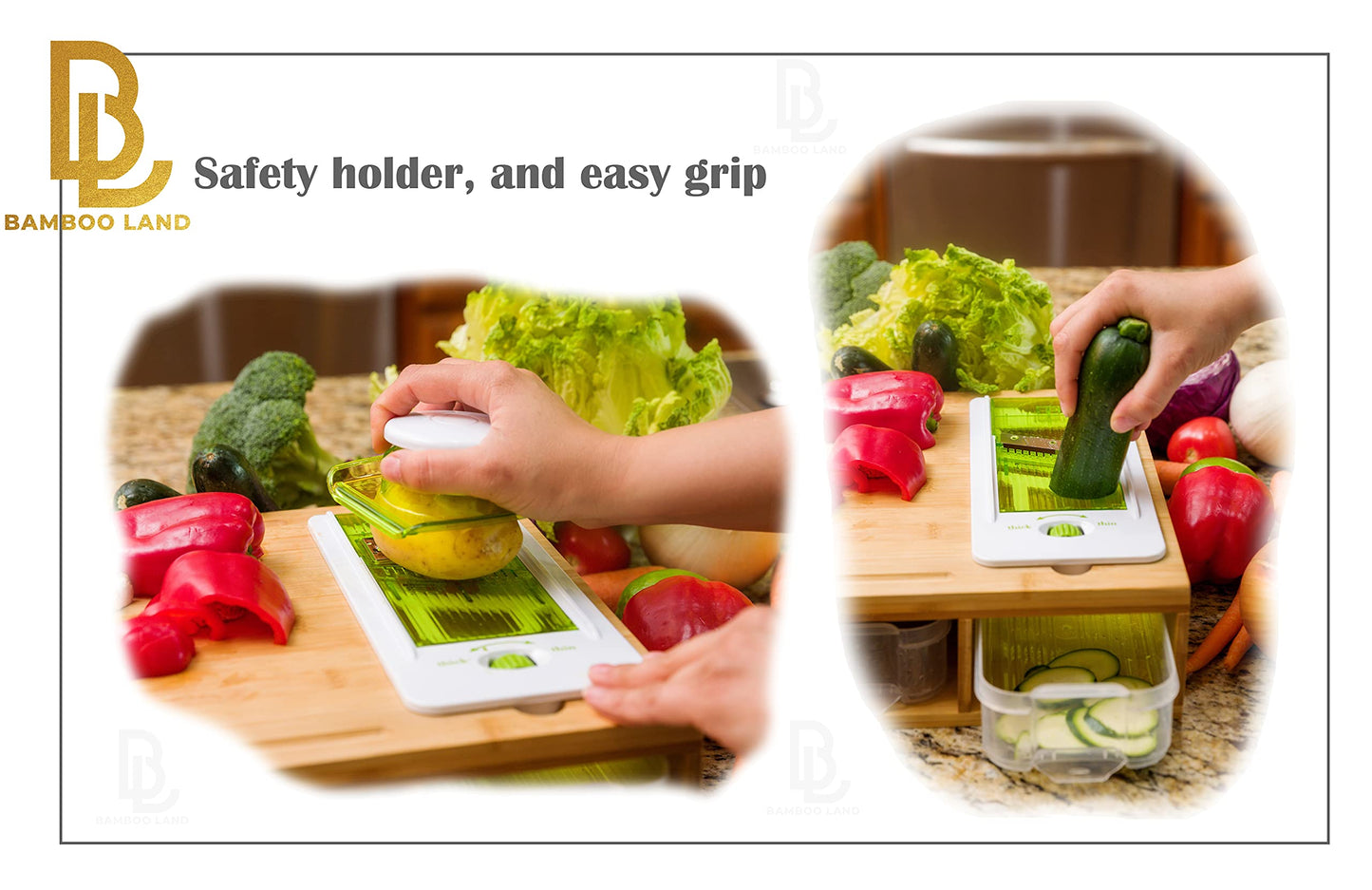 Bamboo Land- Large Bamboo Cutting Board with Containers, 6 Pcs Vegetable Slicers & Garters, Cutting Boards for Kitchen with Holder, Chopping Board, Wood Cutting Board with Storage