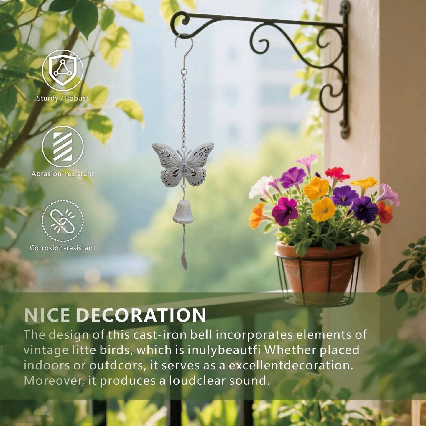 Hanging Wall-Mounted Outdoor Dinner Bell, White & Gold Butterfly