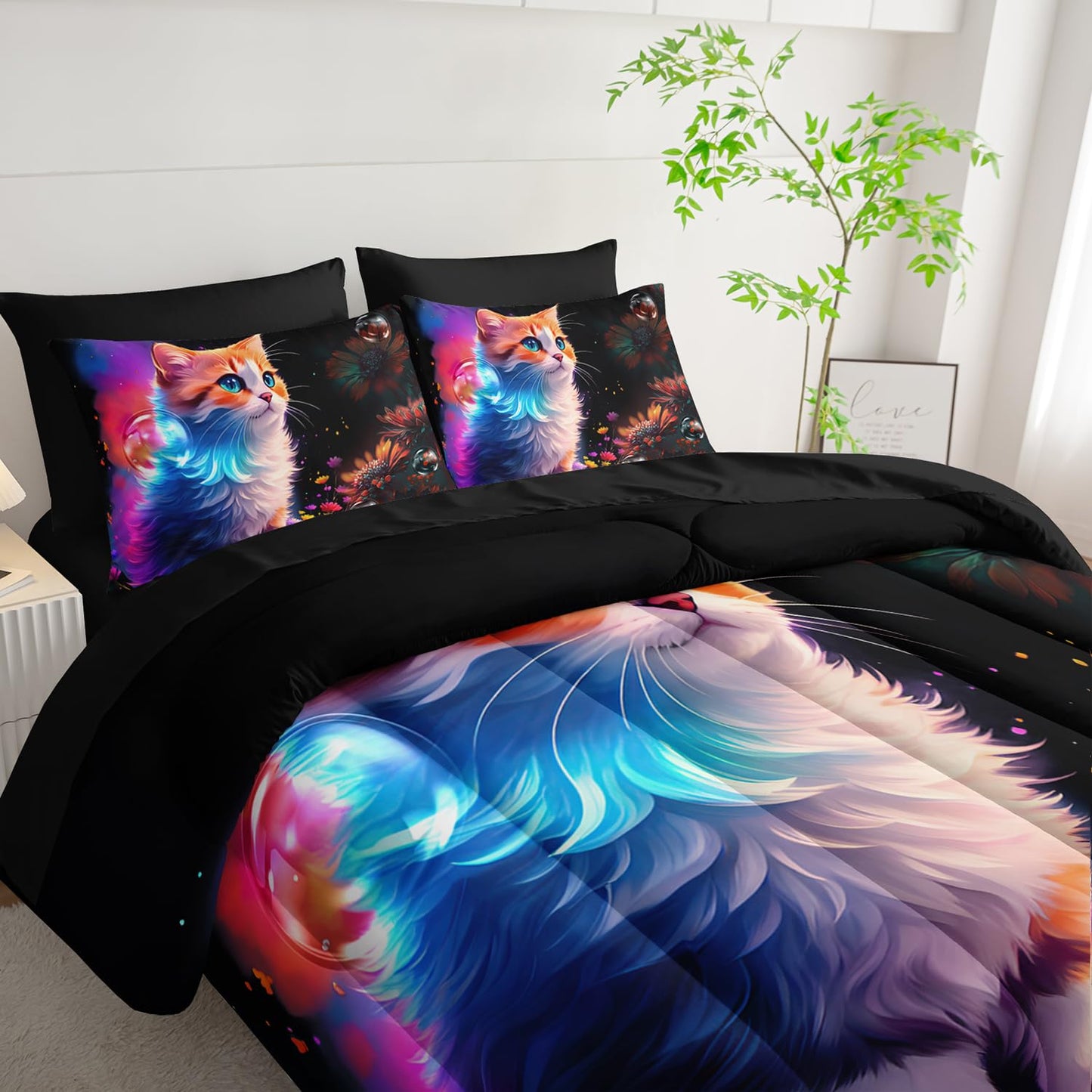 XYNHML Cartoon Kawaii Cat Comforter 7Pcs 3D Animal Flower Toddler Bedding Set Cat Lovers Animal Bubble Quilt Bed Set for Kid Girl Boy Teen Adult Twin with 2 Sheets,2 Pillowcases,2 Throw Pillow Covers