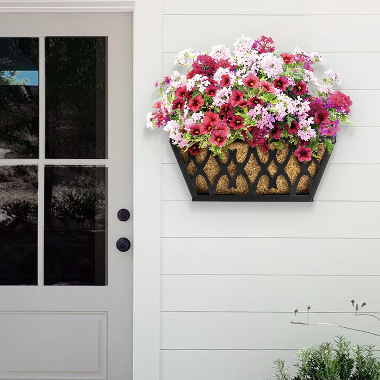 Karlliu 4 Pack 14 Inch Window Boxes Planters Railing Planter Box with Coco Liners Deck Railing Planter Boxes Balcony Hanging Flower Box for Outdoor Plants Garden Decor