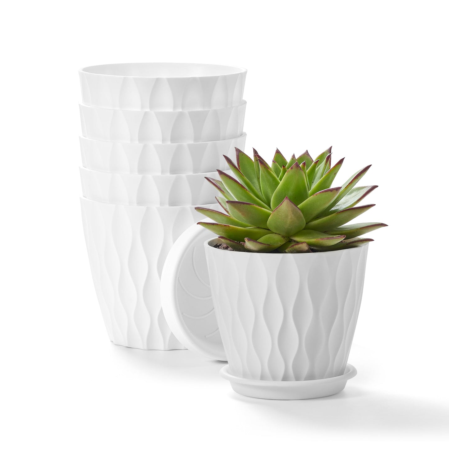 FaithLand 6-Pack 6-Inch Plastic Plant Pots with Saucers | Thickened PP Material, Modern Wave Texture, Enhanced Drainage for Indoor/Outdoor Garden Plants | White Value Set