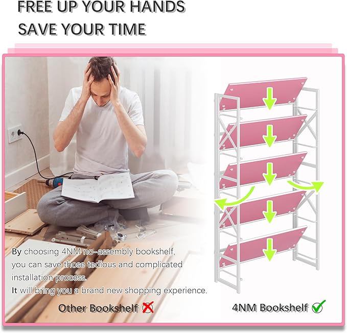 4NM Extra Wide 5 Tiers No Assembly Book Shelves, 51.2" H Folding Bookshelf