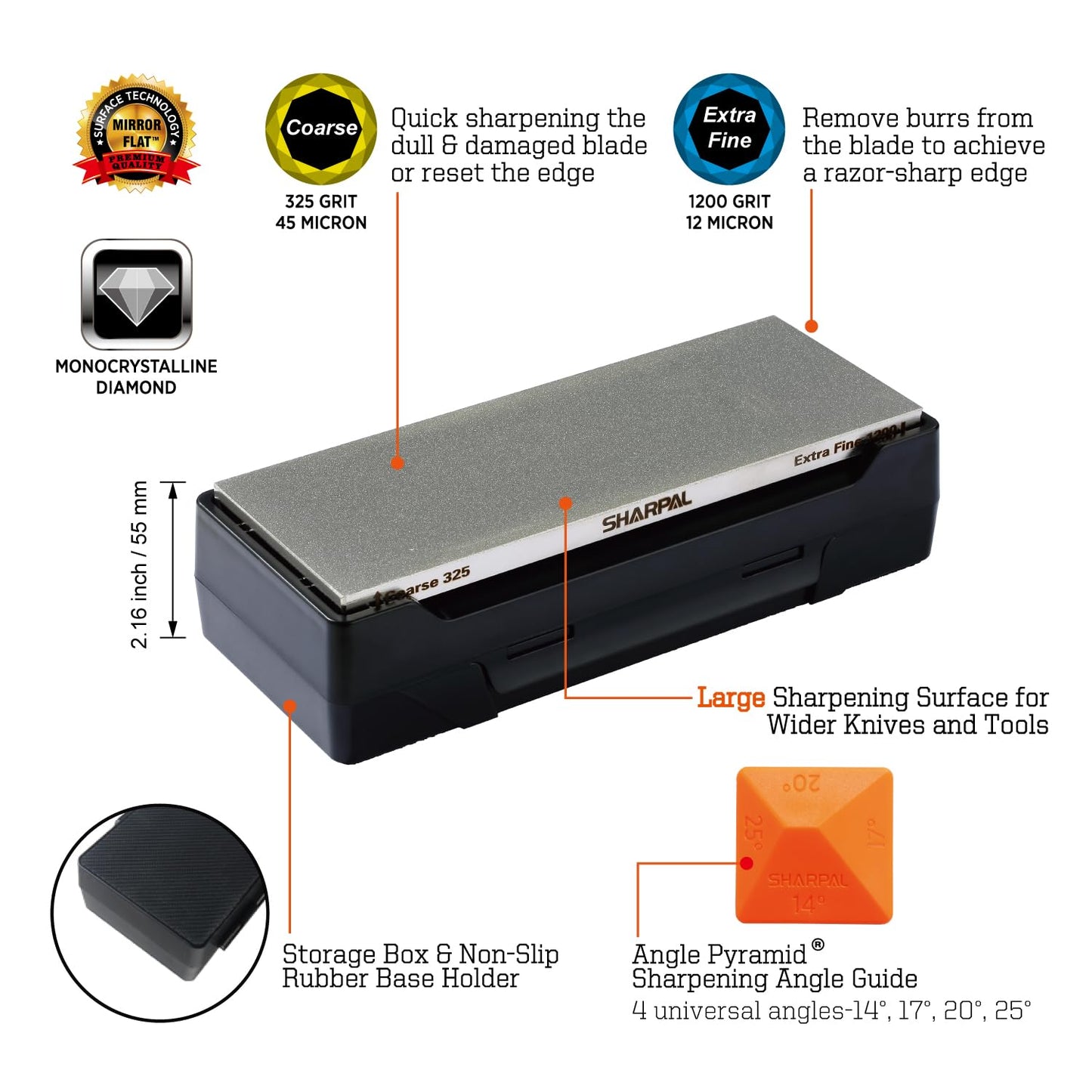 SHARPAL 162N Diamond Whetstone Knife Sharpener with Storage Base | 2 Side Grit Coarse 325 / Extra Fine 1200 | Diamond Sharpening Stone | Non-Slip Base & Angle Guide (203 x 76mm / 8 x 3 Inch)