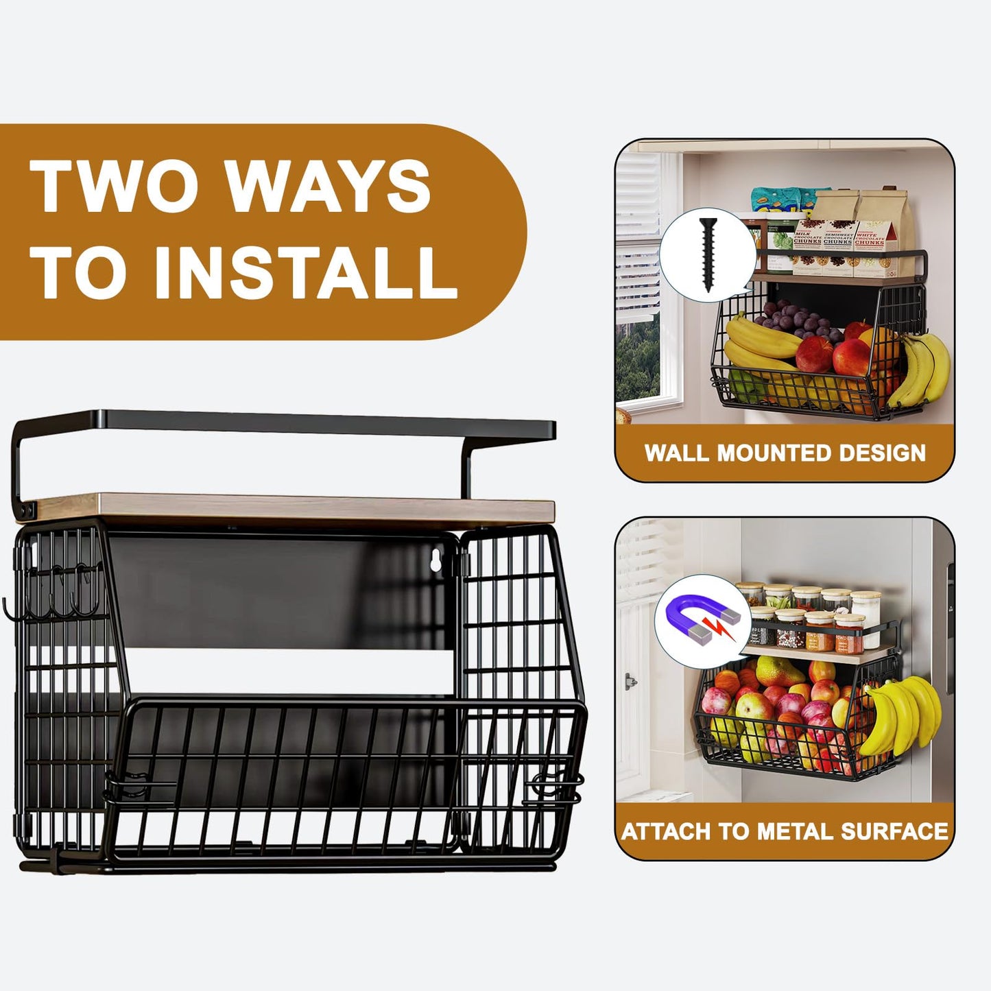 Clothink Magnetic Shelf for Fridge,Hanging Wall Basket for Potato Onion Fruit and Vegetable Storage Bins,Large Produce Container Magnetic Spice Rack for Refrigerator Kitchen Counter Pantry,Black