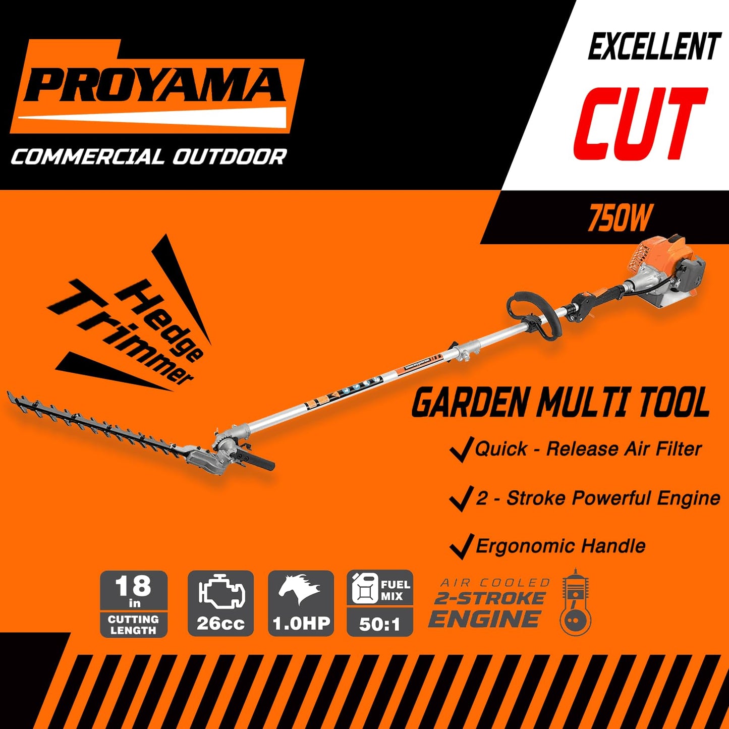 PROYAMA 26cc 6 in 1 Multi Functional Combo Kit, 2 Cycle Gas Powered Hedge Trimmer, Weed Eater Wacker, String Trimmer, Brush Cutter, Edger with 3.3FT Extension Rod