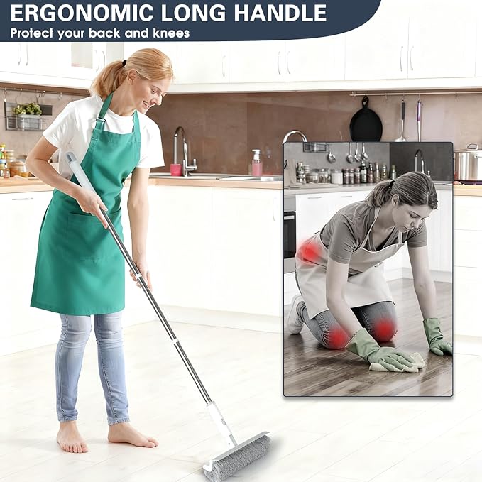 Floor Scrub Brush with Long Handle, 2 in 1 V-Shape Grout Brush with Squeegee +