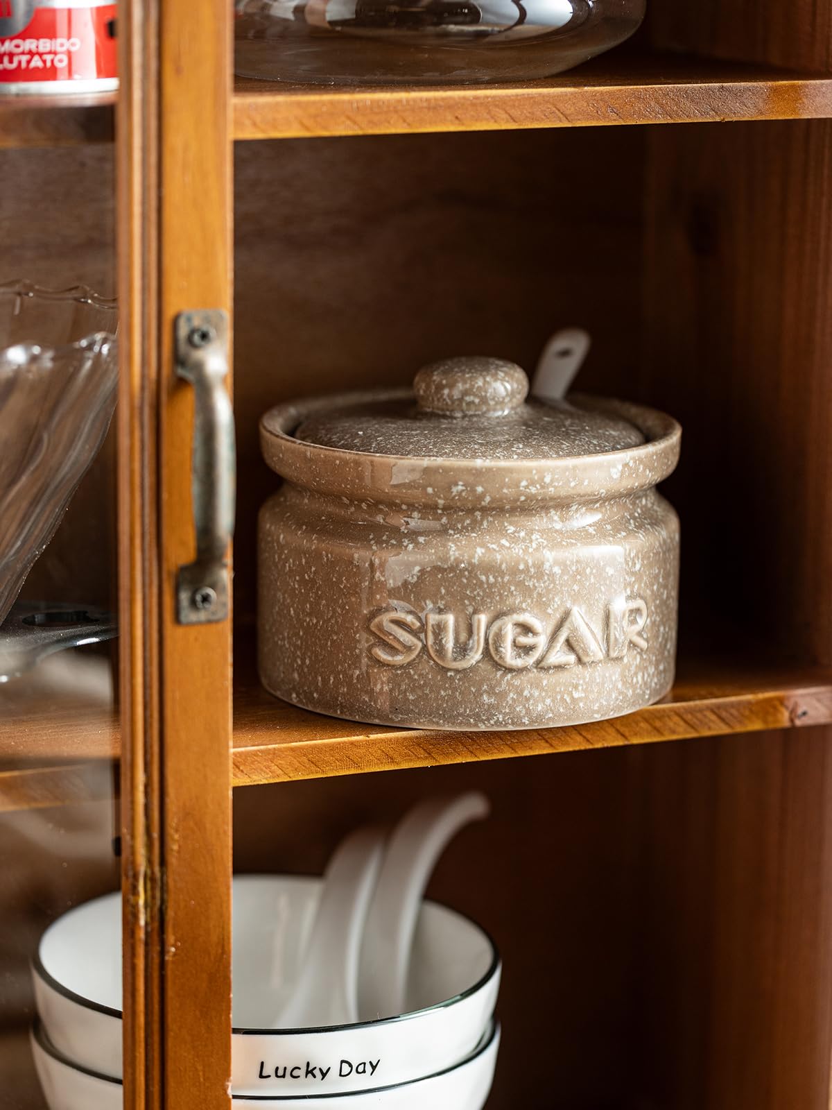 Gomakren Sugar Bowl with Lid and Spoon, Sugar Container Sugar Dish 10oz, Ceramic Sugar Jar for Coffee Bar, Kitchen, Countertop - Father's Day Modern Farmhouse Kitchen Decor, Brown