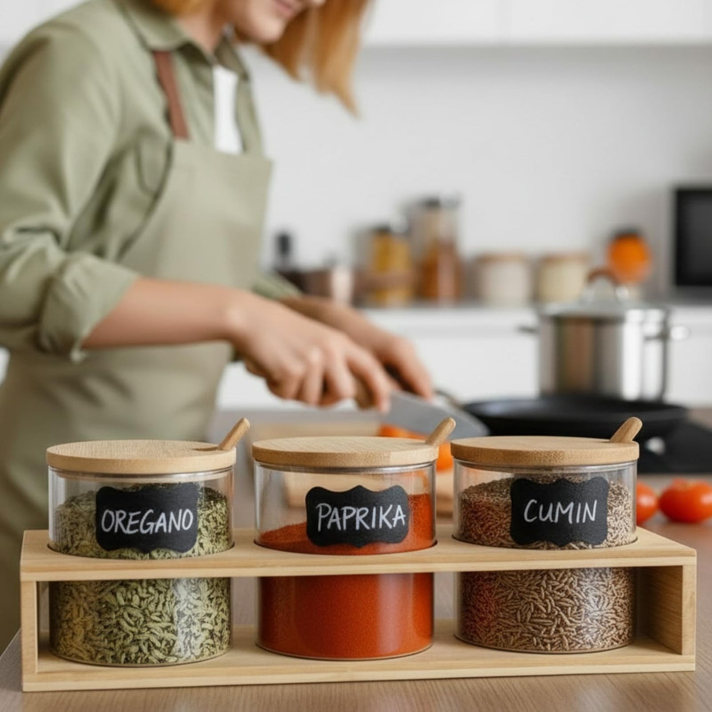 Yiyiring Set of 3 Spice Container Condiment Jar with Bamboo Lids and Spoons Clear Glass Spice Jar Kitchen Storage Container for Salt Sugar Tea Coffee Saving Seasoning Canister Organizer for Counter
