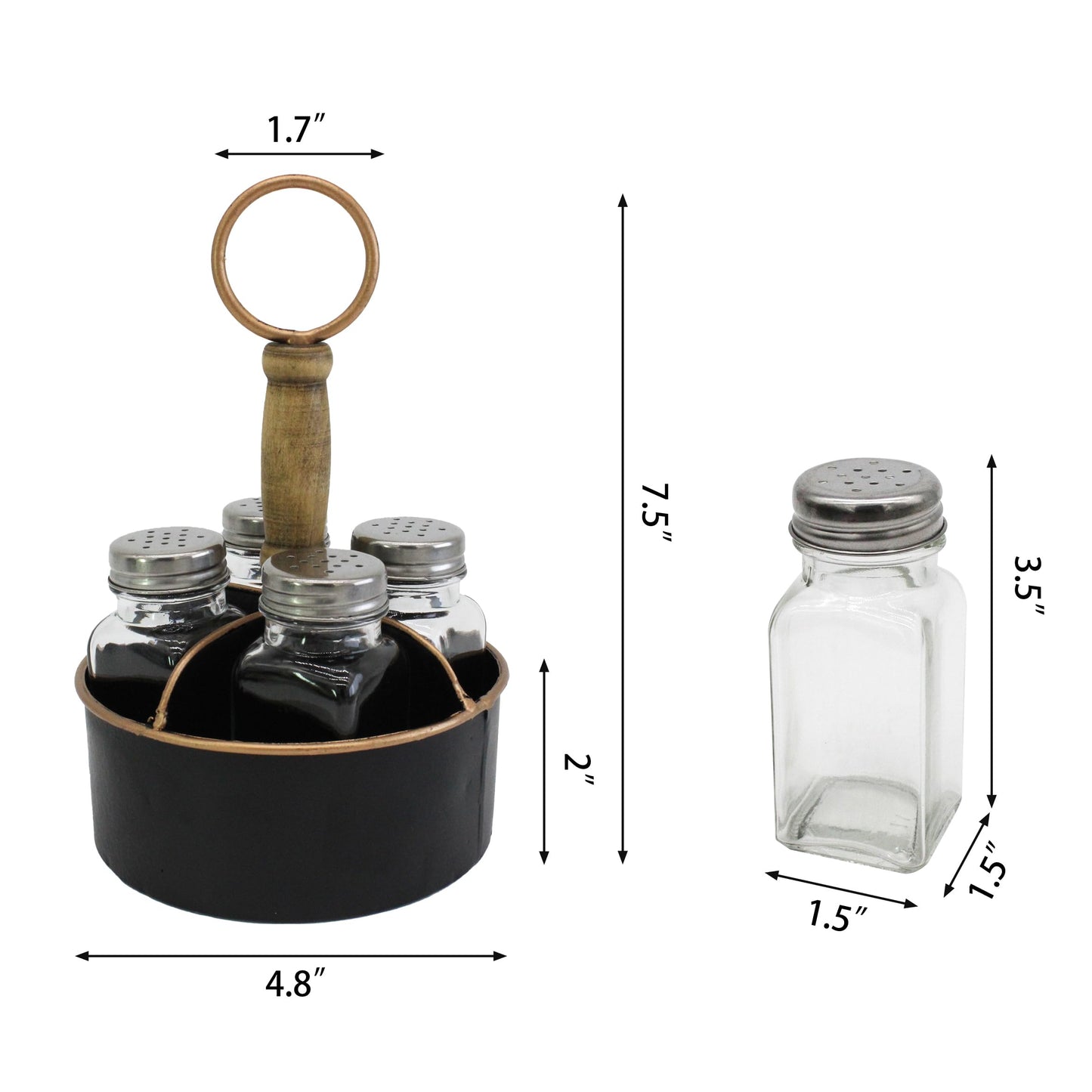 ZNCO Metal Round Salt, Pepper and Toothpick Caddy with Wooden Handle, Glass Shakers Set, Rustic Vintage Style, Black