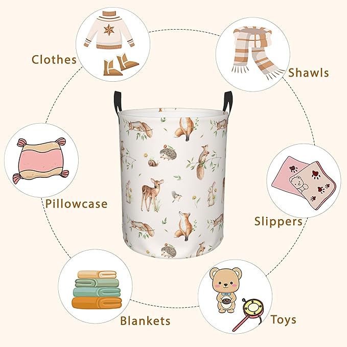 Deer Hedgehog Fox Bunny Squirrel Forest Laundry Basket, Waterproof Foldable