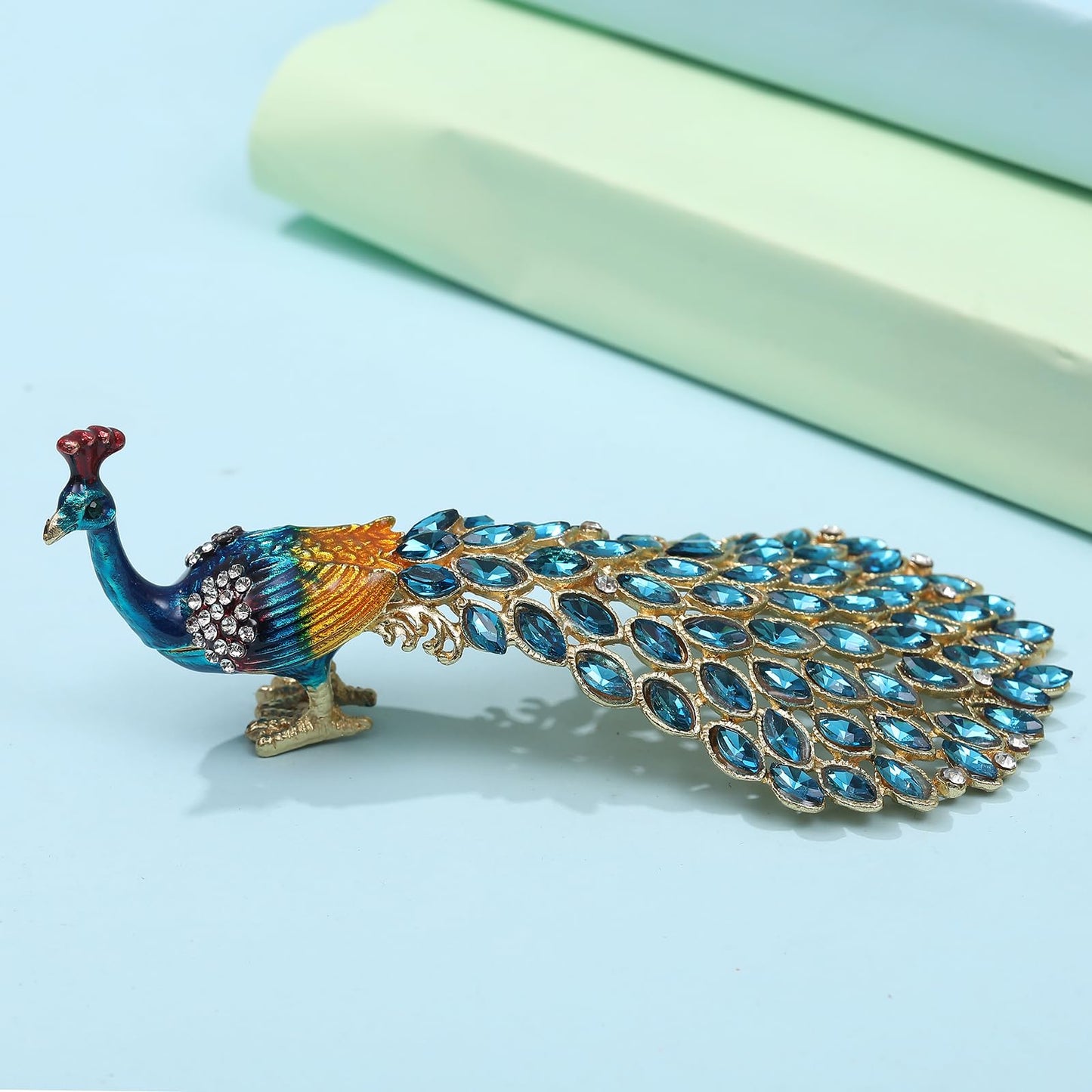 SEVENBEES Enameled Peacock Jewelry Box - Hand Painted Collectible Figurine with Crystal Rhinestones, Women and Girls for Rings and Earrings Valentine Decor Gifts