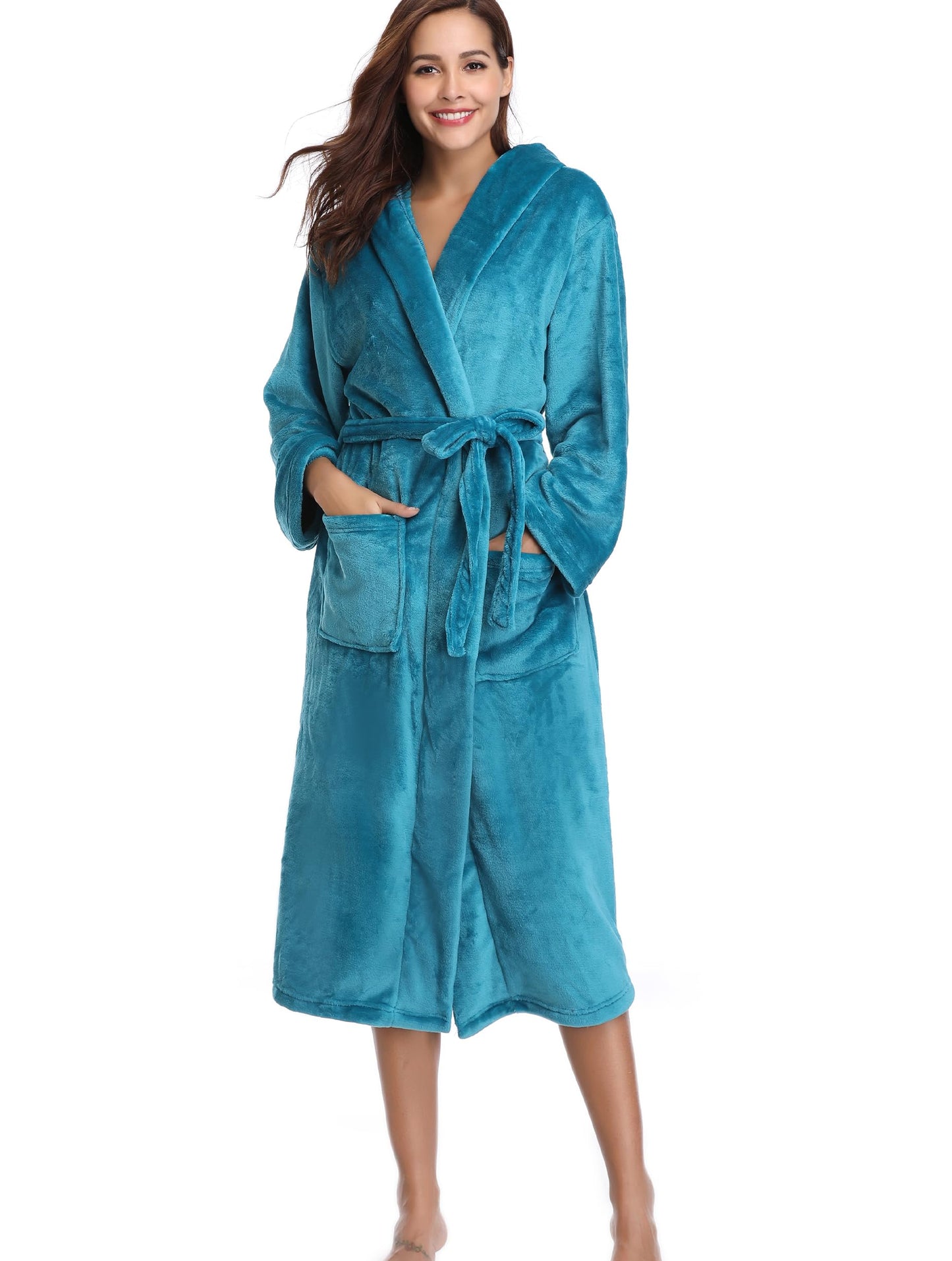 Vlazom Dressing Gown, Flannel Soft Bathrobe Cosy Robes Fluffy Winter Hooded Housecoat for Women/Men, Peacock Blue-with Hooded, 43813