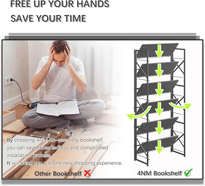 4NM 6 Tiers No Assembly Book Shelves, 61.8" H Folding Bookshelf Bookcase Open