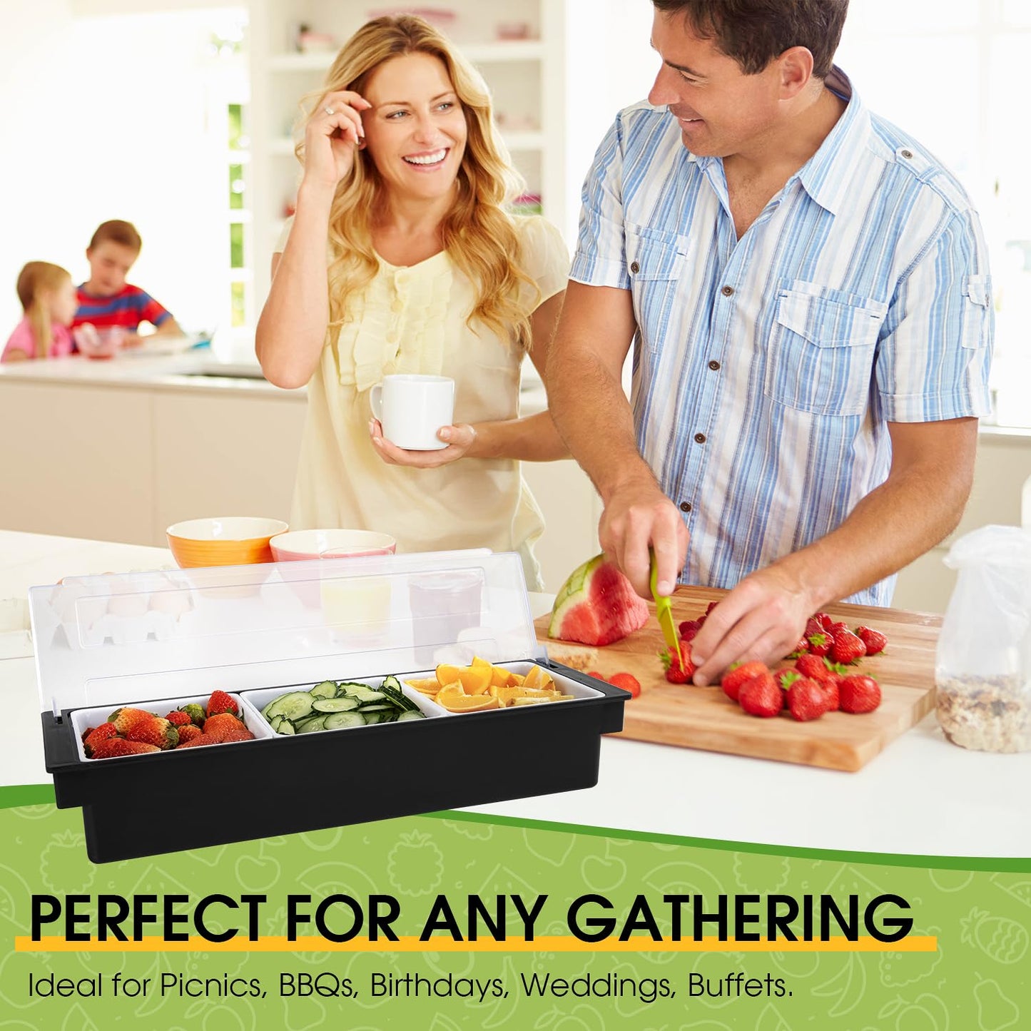 POWLAB Ice Cooled Condiment Serving Container Fruit Veggie Condiment Caddy Plastic Garnish Station with Lid for Fruit,Ice Cream,Salad Bar-Topping Organizer for Restaurant Supplies (3 Compartments)