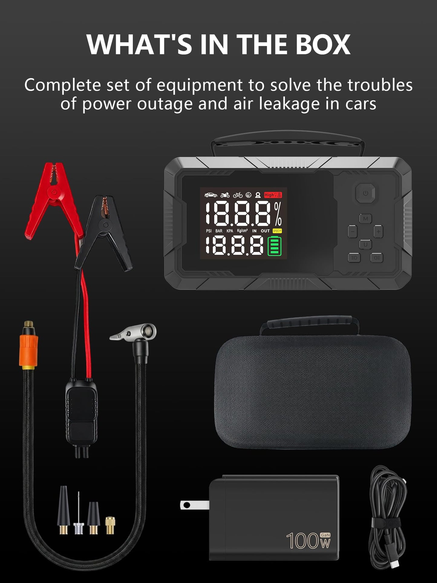 CTWJO Jump Starter with Air Compressor, 3000A Portable Car Battery Jumper Starter with 100W Wall Charger, 16000mAh Power Bank PD 65W Fast Charging, 150PSI Tire Inflator (30L/min), 12V Jump Box