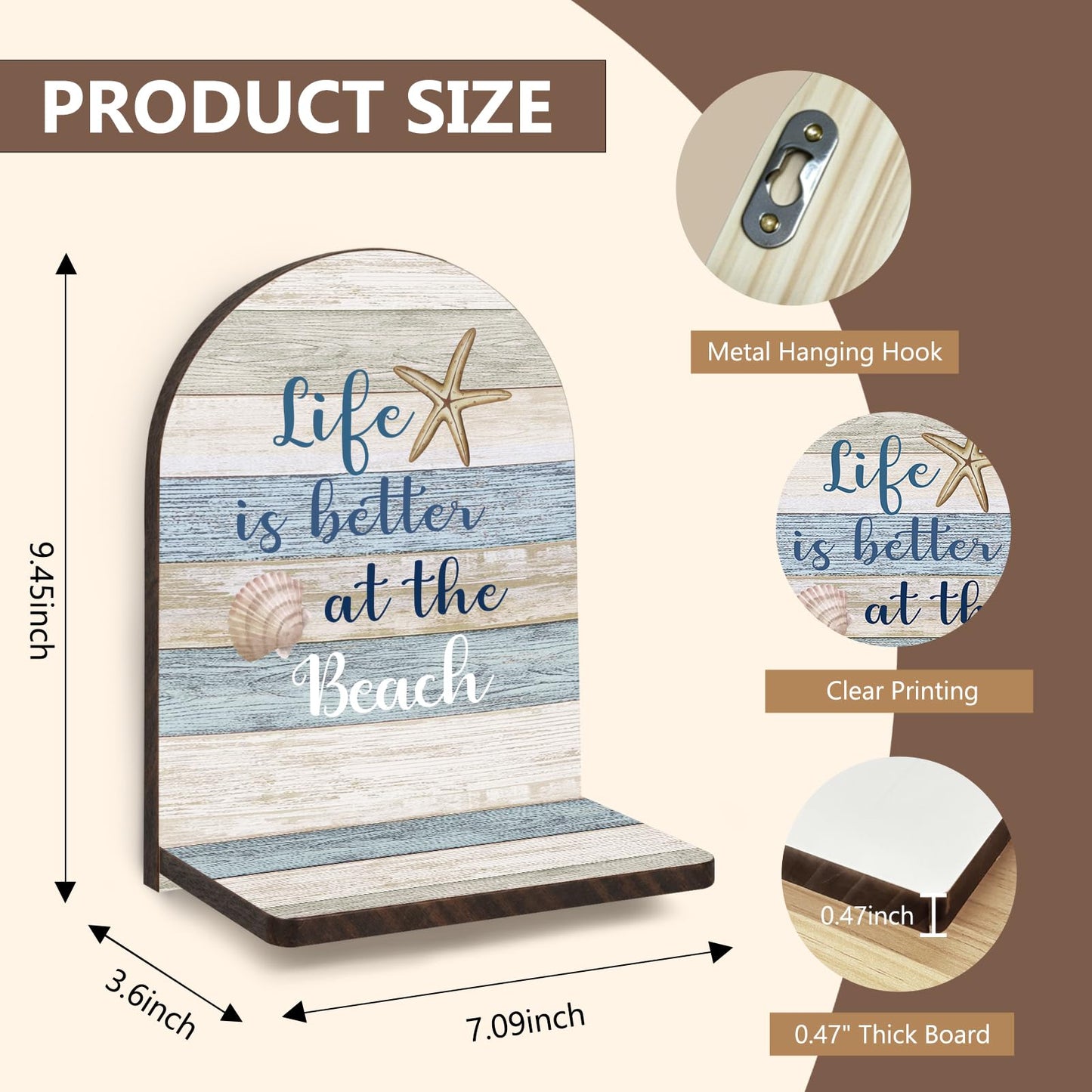 GWFSJYU Coastal Beach Arched Wall Shelf Decor, Nautical Theme Wooden Floating Shelves, Life is Better at the Beach Gifts Hanging Wall Shelves Decor for Bathroom Living Room Kitchen, 9.45x7.09In