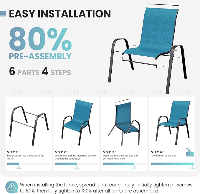 Patio Dining Chairs Set of 4, Stackable Dining Chairs High Back, Breathable Seat Fabric and Alloy Steel Frame Fit Backyard, Porch, Lawn,Poolside (Sky Blue)