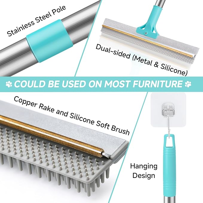 Carpet Rake for Pet Hair Removal Tool, Reusable Pet Hair Remover Broom
