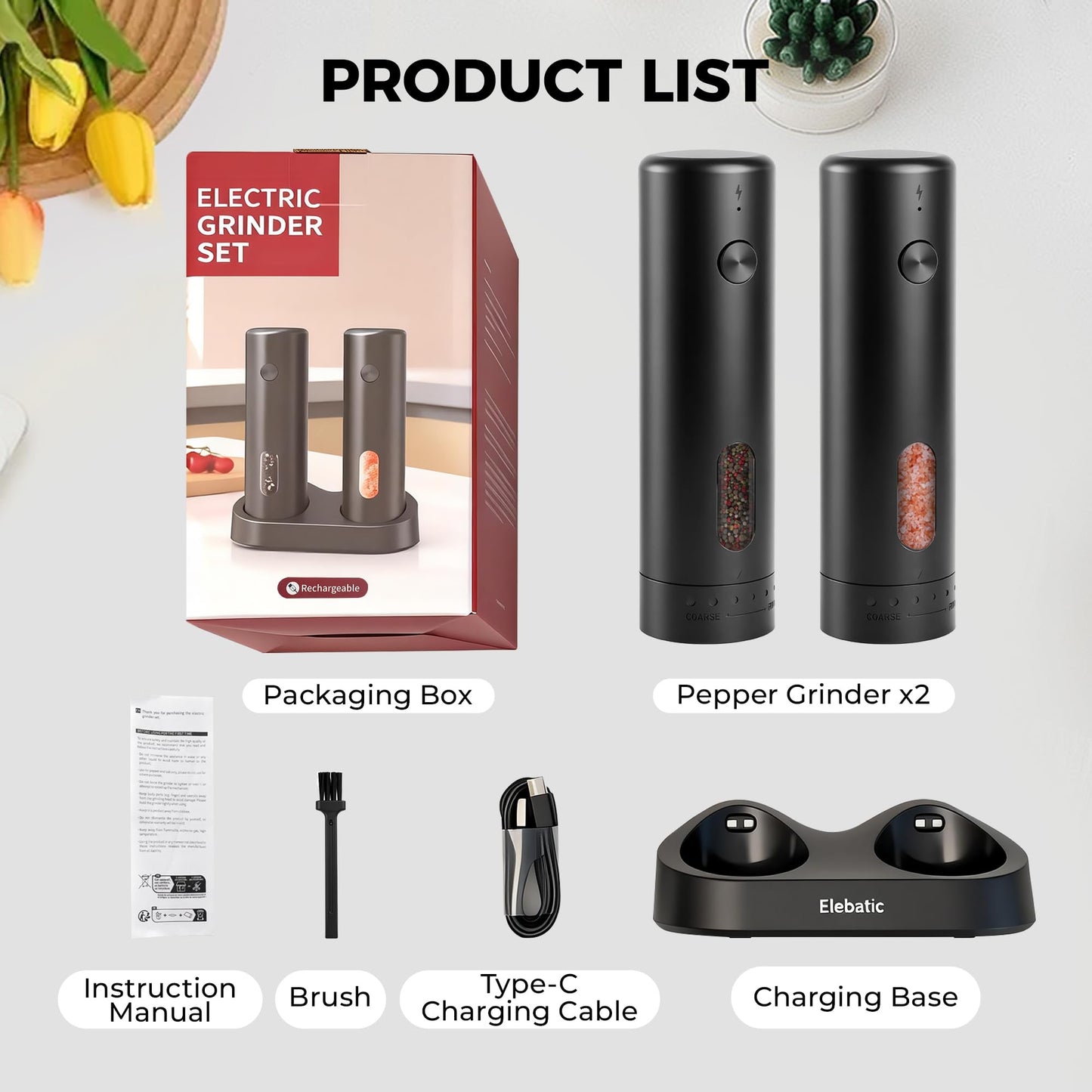 Elebatic 110ml Electric Salt and Pepper Grinder Set, Rechargeable salt and pepper shakers with LED Light, 2-Pack with Charging Base, External 6 Adjustable Coarseness, Holiday Gifts