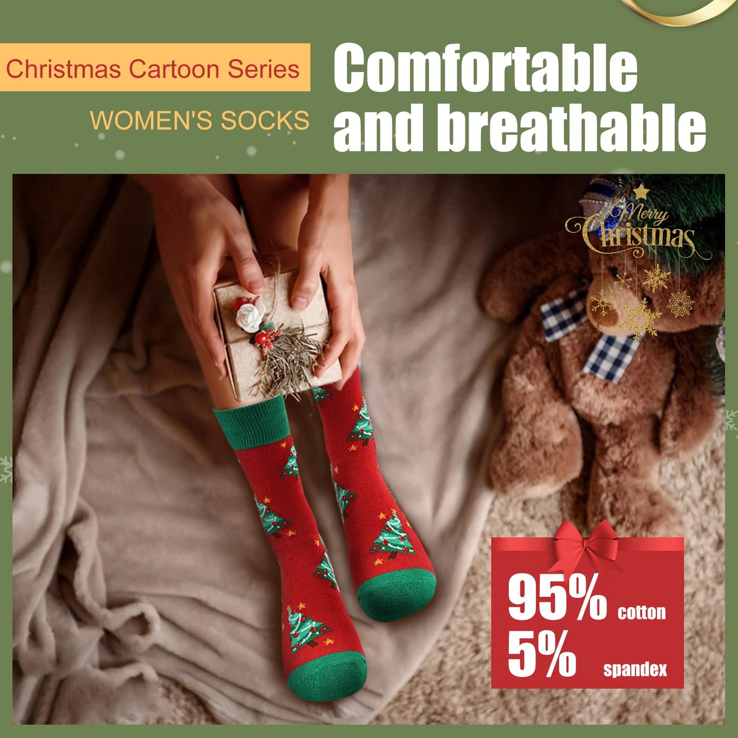 Moonlight Manor 6 Pairs Christmas Socks for Women,Xmas Crew Socks Holiday Gift Novelty Socks US Size 6-13
