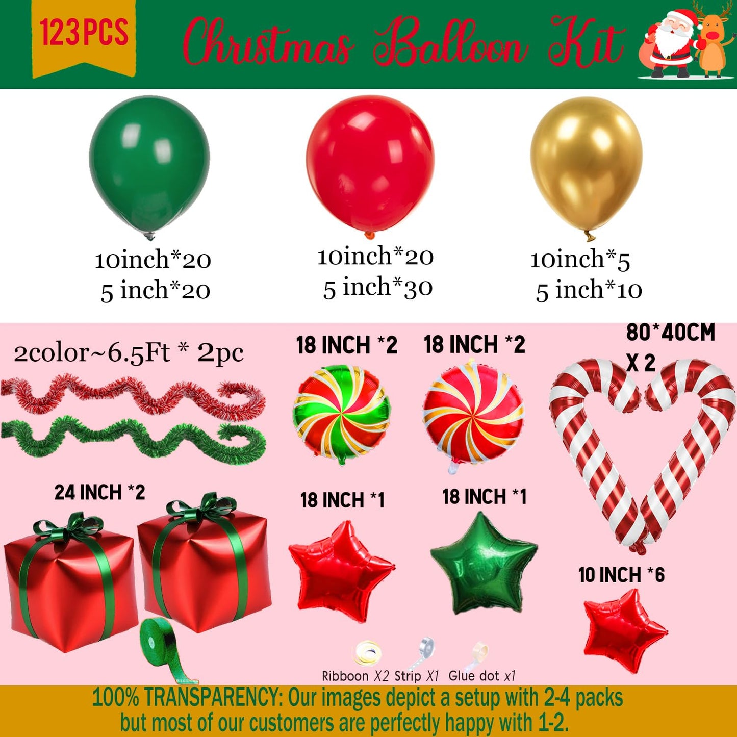 Red hunter Green Gold Christmas Balloon Garland Arch Kit Candy Cane Lollipop Balloons Box Foil Balloons glitter Tinsel Garland for Xmas Balloon Garland Kit Christmas Party Decorations