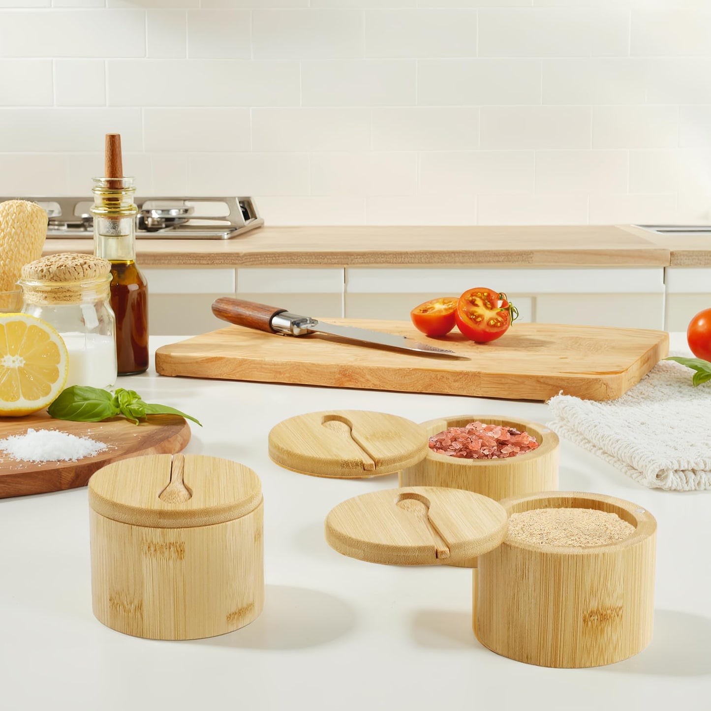 JIABEIUS 3Pcs Bamboo Salt Box with Swivel Lid and Spoon, Salt Cellar Containers with 8pcs Label Stickers, Wooden Spice Jars for Kitchen to Storage Pepper, Sugar, Herbs, Seasonings