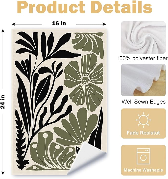 Abstract Green and Black Boho Floral Kitchen Towels Set of 2, 70s Retro Groovy