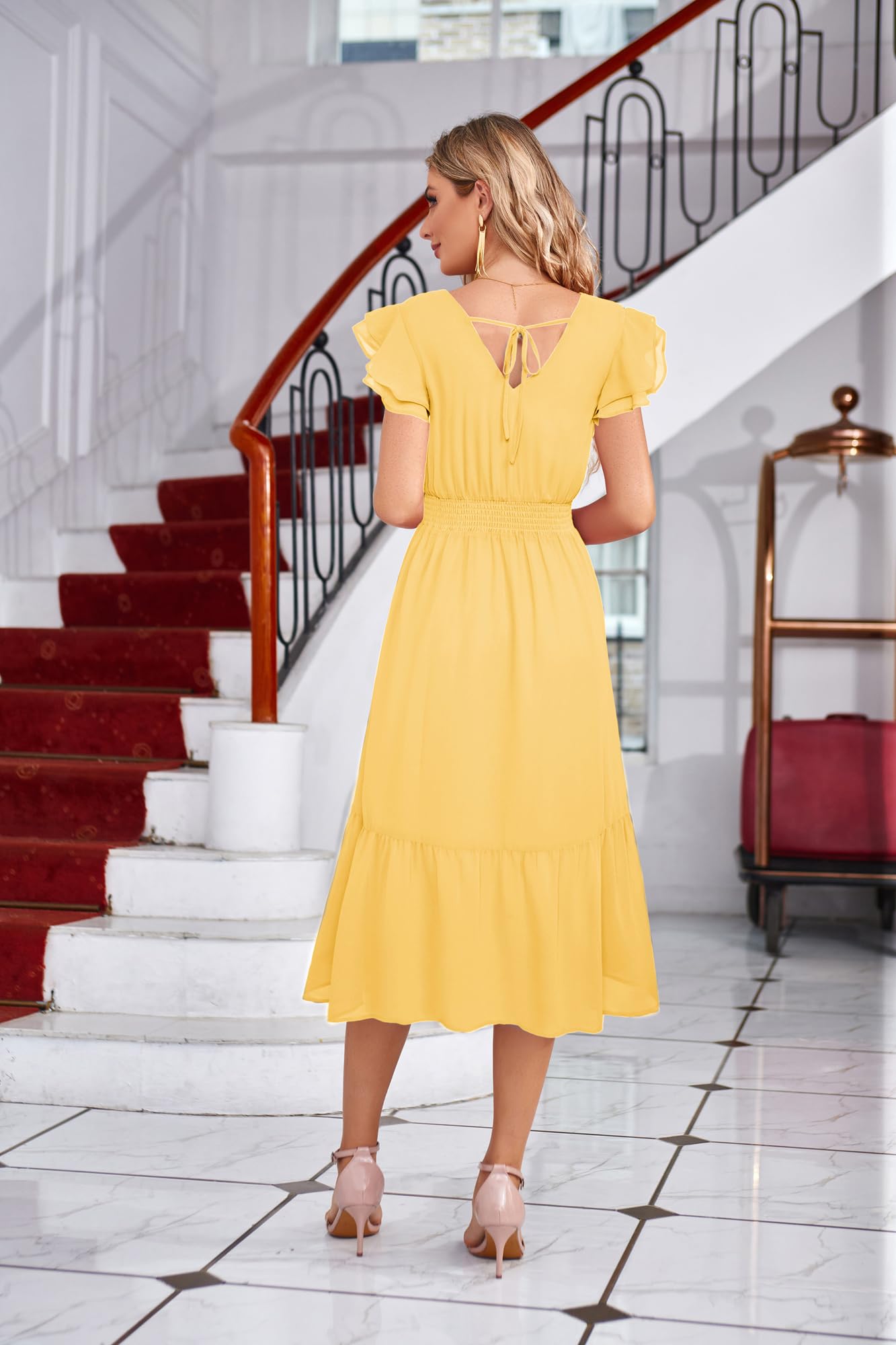 2025 Christmas Cocktail Dresses for Women, Midi Ruffle Tiered Sleeve V-Neck A-Line Split Party Dress, Light Yellow-Plain S