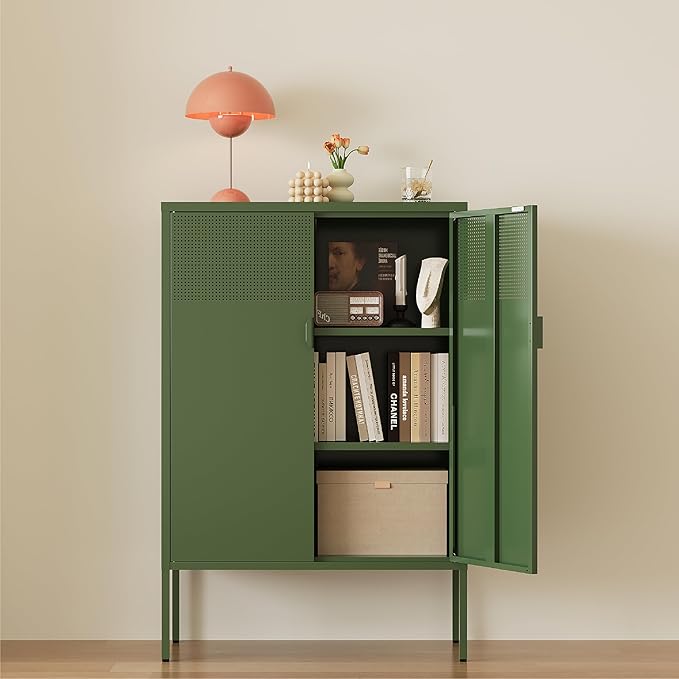 Metal Storage Cabinet, 2 Door TV Stand, Metal Mesh Accent Cabinet, Magnetic