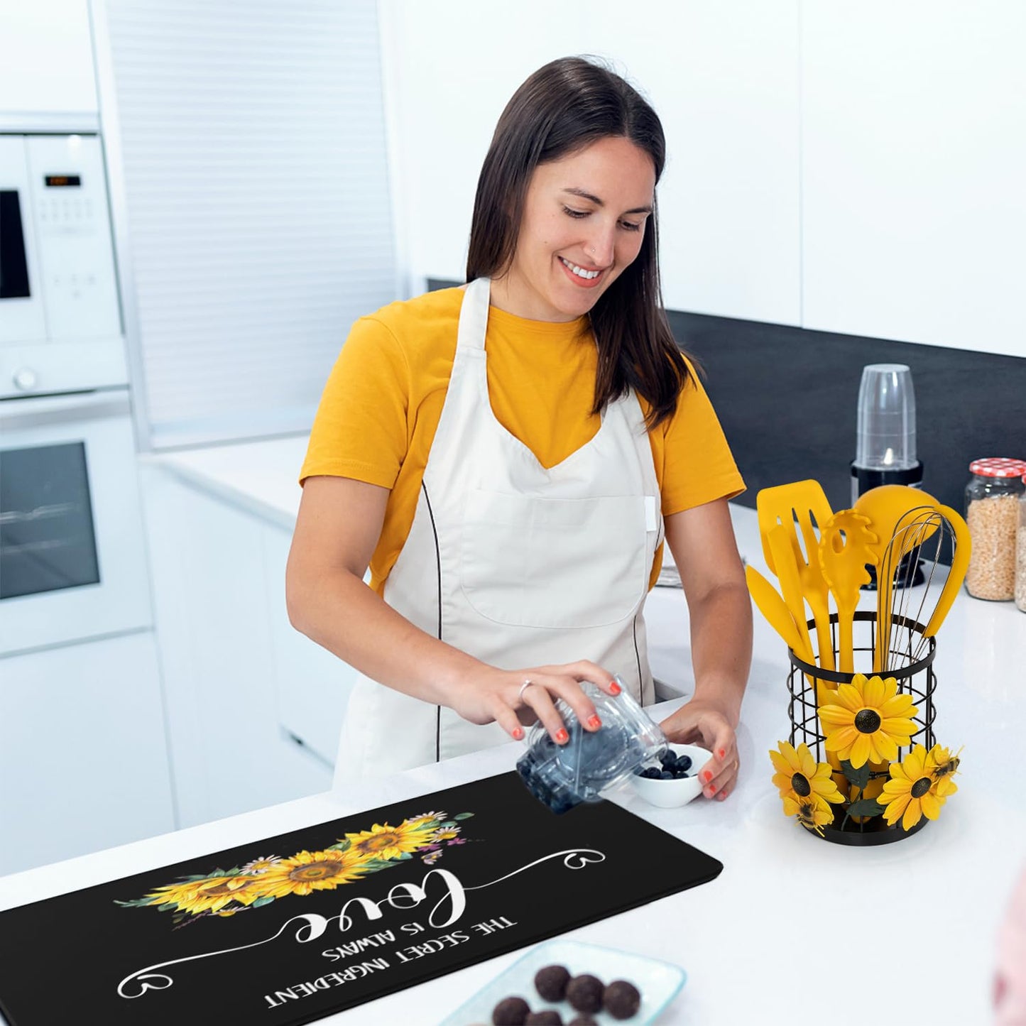 Sunflower Utensil Caddy with Silicone Cooking Utensils Set 6PCS, Canister Holder Sunflower Kitchen Decor and Accessories Theme Set Counter Yellow Kitchen Decor Country Crock Organizer Gifts for Women