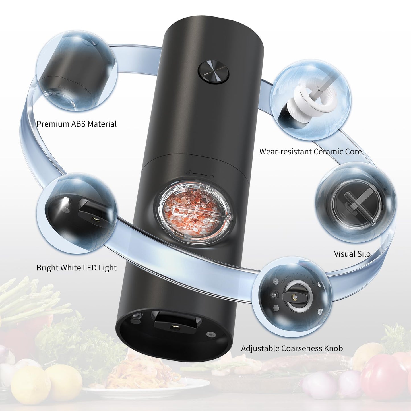 CIRCLE JOY Electric Salt and Pepper Grinder Set, Battery Operated Pepper Mill Grinder with Base, Adjustable Coarseness and Automatic Single Hand Operation, Black