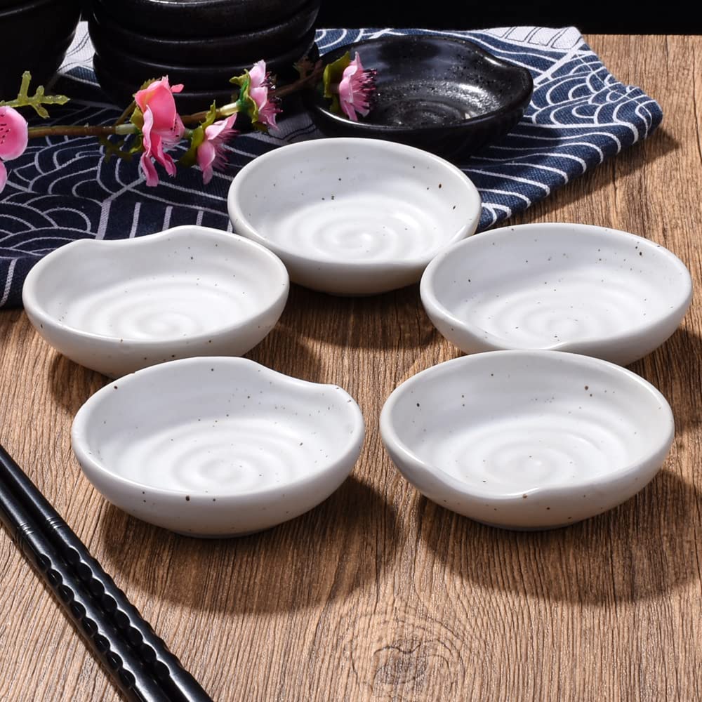 Swlthwen 3.1 Inch Porcelain Side Dish Bowl Seasoning Dishes Soy Sauce Dishes Dipping Sauce Bowls-Set of 5,Soy Sauce Dish with Mouth(White)